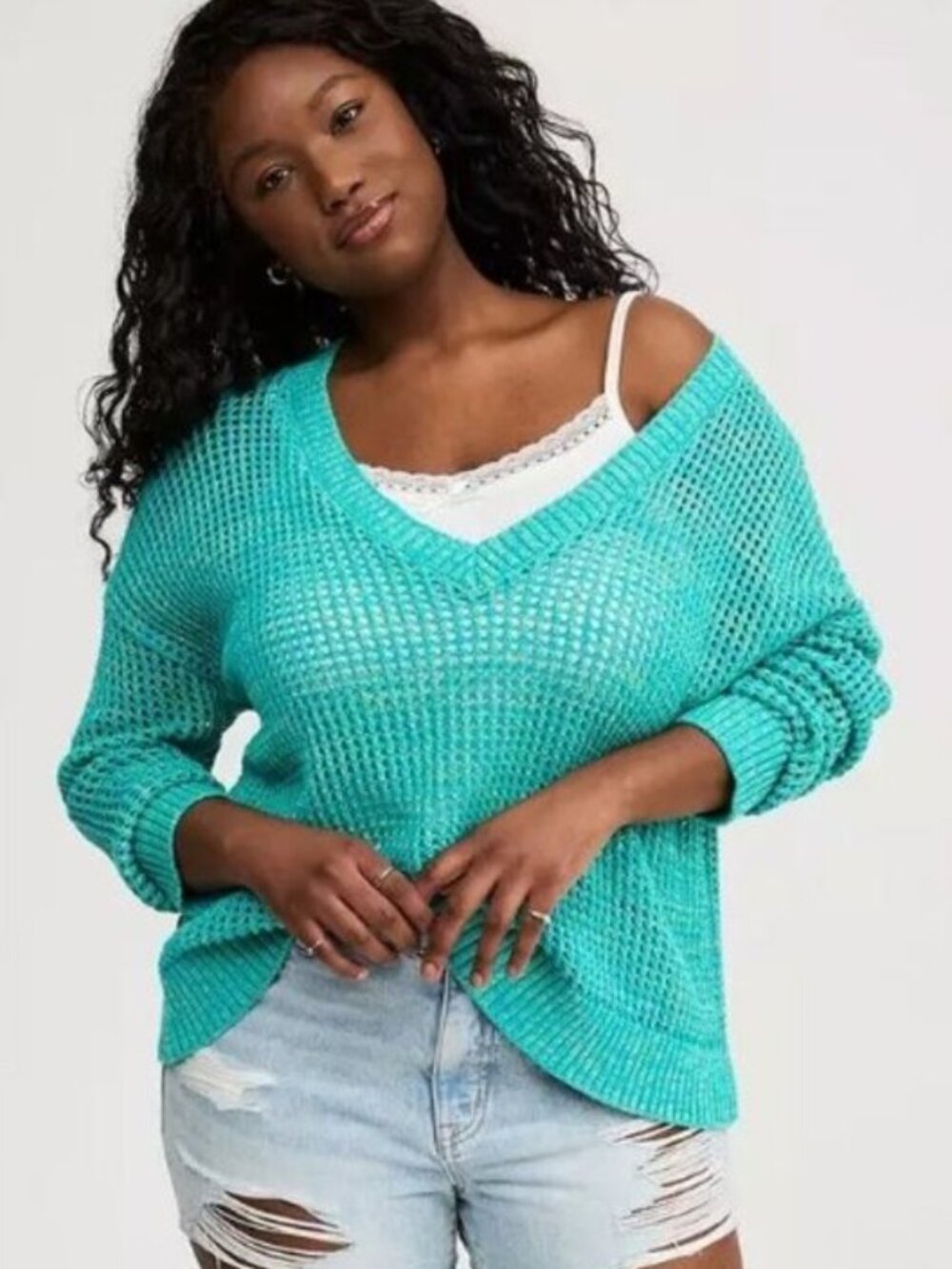 Torrid‎ Open Stitch V-Neck Pullover Women's Sweater Turquoise Size 0 NWOT